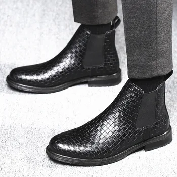 Nou Cizme Barbati Europene și Americane Împletite cu Textură Mată Pantofi pentru Bărbați de Înaltă sus Glezna Cizme Casual, Negre Chelsea Cizme