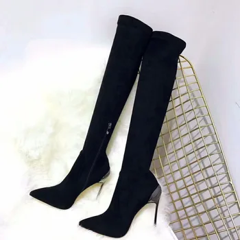 Noua Moda Coapsă Negru de înaltă Cizme Overknee Femei Subliniat Sexy Stilettos Ciorap Elastic Talie Bootcuts Metal Pantofi cu Toc Femeie