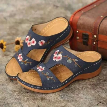 Femei floare sandale retro non alunecare de moda casual platforma gros cu talpi de papuci brodate sandália sandalias traf