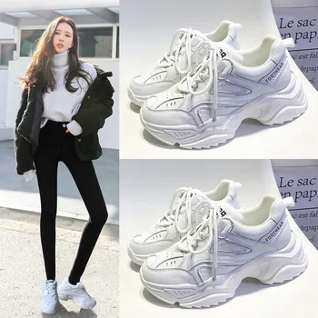 Piele albe mici pantofi femei 2021 toamna și iarna noi gros cu talpi de pantofi pentru femei pop-up, versatil sport de agrement tata pantof