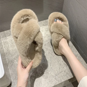 Iarna Doamnelor Papuci de Blană Deget de la picior Deschis Solid de Pluș Fete Pantofi de Acasă Femeile Pufoase Diapozitive FashionComfortable Luminozitate versiunea coreeană