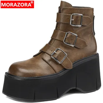 MORAZORA 2023 Nou cu Fermoar din Piele pentru Femei Cizme Pene Tocuri Platforma Pantofi Doamnelor Iarna Cizme Glezna