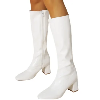 Femei Elegante Cizme Înalte PU Pătrat Alb Deget de la picior la Genunchi Toc Gros cu Fermoar Lateral Moda Confortabil Strada de zi cu Zi pentru Femei Pantofi KC384