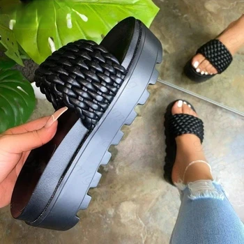 Femei sandale papuci de vară 2021 nou stil de moda cu talpi groase țesute plat, de culoare solidă papuci de interior