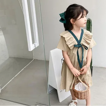 Copil Haine Fete de culoare Kaki, cu Maneci Scurte Rochie de Vara Stil coreean din Bumbac 100% de V gâtului Cutat Rochie de Printesa Rochie Stil Preppy