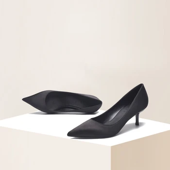 A subliniat Toe Femei Pompe de Culoare Nud Munca de Birou Pantofi Rochie din Satin Negru 5cm Mediu Stilet Tocuri inalte Slip-on de zi cu Zi Purta Pantofi
