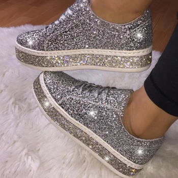 Primăvara și Toamna anului 2020 nou single pantofi bright crystal tv cu dantelă-up casual mari pantofi pentru femei doresc izbucni cu paiete, pantofi pentru femei
