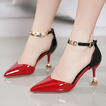 Zapatos De Mujer De Moda Pentru Femei Dulce A Subliniat Toe Catarame Curea Tocuri Stiletto Lady Rece Partidului Roșu Pantofi Cu Toc Albe Tocuri