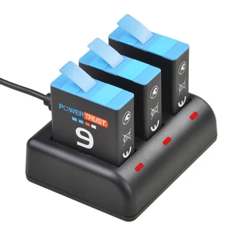 POWERTRUST Erou 9 / 10 Baterii de schimb și 3 Sloturi USB Încărcător Compatibil cu GoPro Hero 9 Negru, GoPro Hero 10 Negru