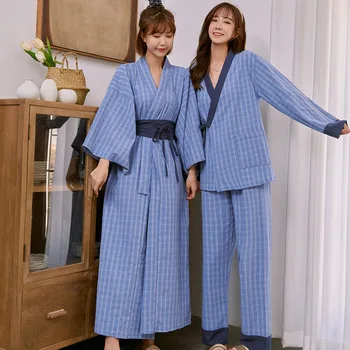 Kimono japonez Roba Simplă Modă Carouri Bumbac Pijama V-gât Lace Up Două piese de Acasă Haine cu Maneca Lunga Plus Dimensiune haine de casă