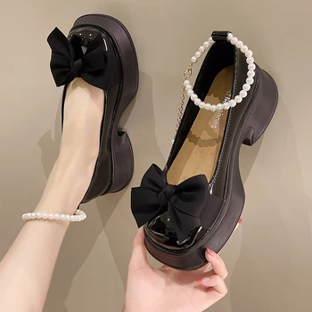 2022 Autumer Nou Arc De Piele Mici Pantofi Femei Talpă Moale Mary Jane Pantofi Femei Catarama Pearl Moda Pentru Femei Pantofi