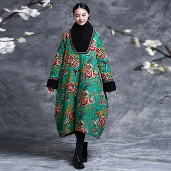 Îmbrăcăminte Etnice Toamna Iarna Sacou Floral Chinezesc Din Bumbac Confortabil Căptușit Trenci Ofițeresc Femei Sacou Matlasat Lung Canadiană