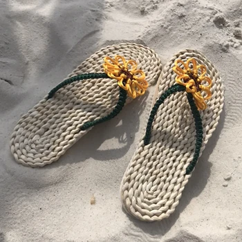 Femei Papuci De Plaja Paie Flip-Flops Pantofi De Vara Flori Plat Doamnelor Pantofi De Slide-Uri Realizate Manual De Vacanță Moda Gladiator Pantofi