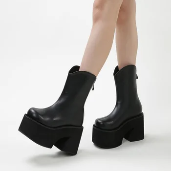 La jumătatea Vițel Platforma Chelsea Cizme Femei Indesata Toc Lățime Spate cu Fermoar Goth Pantofi din Piele Faux Confortabil Negru Plus Dimensiune mare