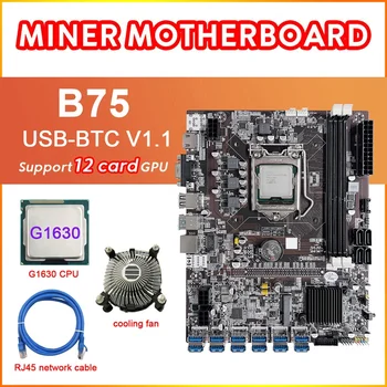 B75 12 Card BTC Mining Placa de baza+G1630 PROCESOR+Ventilator de Răcire+Cablul de Rețea RJ45 12XUSB3.0(PCIE) Slot LGA1155 memorie RAM DDR3 MSATA