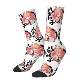 Amuzant Nebun Șosete pentru Bărbați Yae Miko Negru Hip Hop de Epocă Genshin Impactul Joc Fericit Model Imprimat Băieți Crew Sock Noutate Cadou