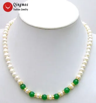 Qingmos la Modă Perla Naturala Coliere Colier pentru Femei cu 8mm Verde jad-ul & 6-7mm Alb Colier de Perle de 17