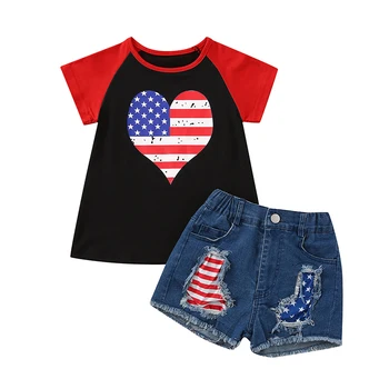 Copil Copil Haine de Vară Set Maneci Scurte Rotund Gat Inima de Imprimare T-shirt + Rupt Gaura pantaloni Scurti din Denim Ziua Independenței de Îmbrăcăminte