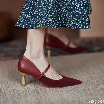 Vinul Roșu Singur Incaltaminte Femei Primavara anului Nou Moda Retro Pantofi pentru Femei Superficial Pantofi Ton Subliniat Toe Stilet Tocuri
