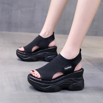 2021women Sandale Pană Călcâi Stofa Elastica Acoperă Piciorul Doamnelor Sandale cu talpi Groase de Moda Fleac Altitudine Casual Pantofi pentru Femei
