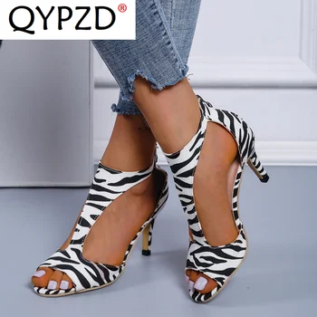 2022 vara Sexy Peep Toe Designer Zepra Imprimate Dungi Singur T-Curea Subțire Toc Sandale Femei Petrecere cu Toc Stiletto Pantofi