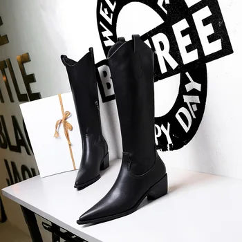 BIGTREE Retro PU Negru din Piele Subliniat Toe Slip-On Scăzut Copita Tocuri Femei Pantofi de Pompe de Moda de Proiectare Plisate Genunchi Cizme Înalte