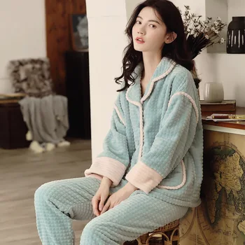 Flanel moale Seturi de Pijamale pentru Femei Toamna Iarna Casual Pierde Cald Sleepwear Costum Coral Fleece Haina Topuri+Pantaloni Lungi 2 buc Homewear
