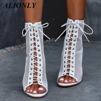 Alionly Transparent Pătrat Pantofi pentru Femei Cizme Sandale Lace Up Peep Toe cu Toc de Curea Glezna Net Suprafață Gol Pantofi
