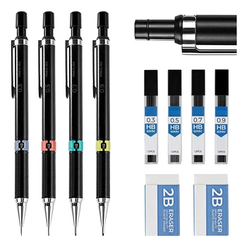 Creion mecanic Set 0.3 & 0.5 & 0.7 & 0.9 Mm,Automate Creion,4 BUC Cu Șterge Și Duce Rezerve Pentru Elevii Scris