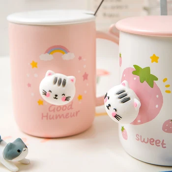 400ml coreeană Stil de Desene animate Drăguț Pisica Cana Ceramica Cu Capac Si Lingura Kawaii Cat de Dulce Ceașcă de Cafea micul Dejun Lapte Cesti de Apa