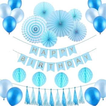 Albastru petrecerea de ziua decor baloane set fereastra layout albastru fagure de miere mingea ciucure hârtie fan de flori la mulți ani bunting