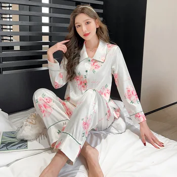 Jxgarb 2023 Primăvară Nouă Satin Imprimeu Floral Casual Pijamale Seturi Femme De Înaltă Calitate Cum Ar Fi Silk Touch Netedă Cămășuță De Noapte, Lounge Purta