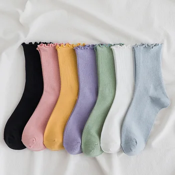 Coreea Stil Harajuku Culoare Solidă Mediu Sosete Pentru Femei De Moda Minunat Casual De Bumbac Respirabil Agaric Marginea Ciorap Calcetines