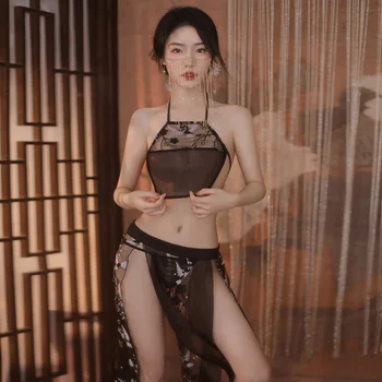 Tradiționale Chineze Clasice Hanfu Cosplay Cămașă de noapte Sexy Lenjerie Plasă Halter Lace Top și de Înaltă Split Set de Fusta pentru Femei Costume