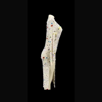 Multi-culoare Stras Perle Split Transparent Rochie de Seara Ziua de nastere a Sărbători Costum Femei Dansatoare Rochie cu Maneci Lungi