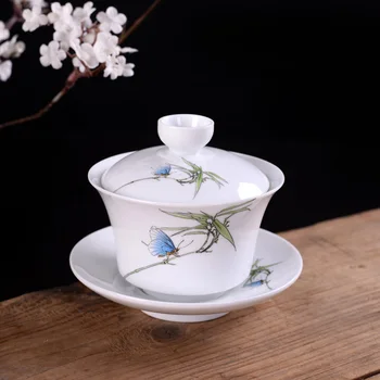 Pictate manual porțelan Albastru și alb gaiwan Ceai strachină Chinezi de ceai din ceramica set castron acoperit vasul cu capac farfurie ceașcă