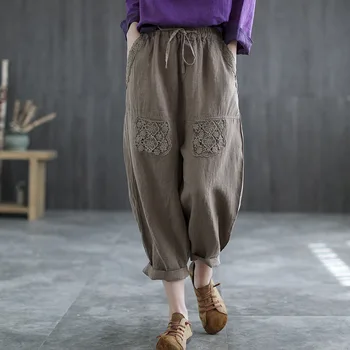 Femei Pantaloni Casual Vintage Lenjerie De Pat Elastic Talie Taie Dantelă Cusute Buzunar Capri 2022 Toamna Centura Vrac Haren Pantaloni