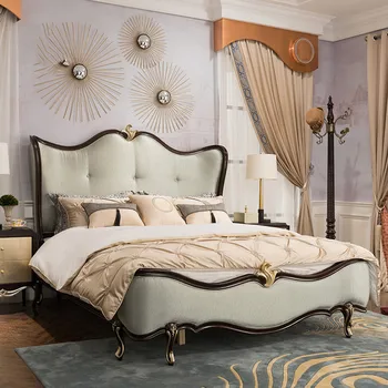 Franceză neo-clasic din piele, lemn masiv, pat Europene dormitor matrimonial tesatura dublu, pat simplu de frumusete de lux lumina printesa pat E5