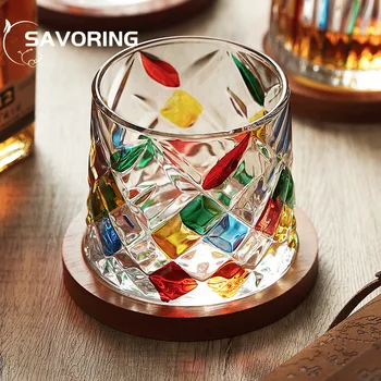 250ML Colorate de Sticlă Ceașcă Ins Vânt Whiskey pahar de Vin cu Suport de Lemn Coaster Apă Potabilă de Rotație Decompresie Cana Cadou