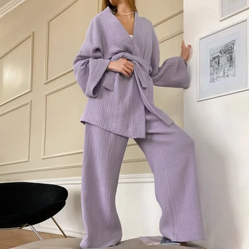 Primavara Elegant Casual Cu Maneci Lungi Costum De Moda De Bumbac Vrac Moale Sleepwear Homewear Toamna Femei Solide Veșmânt Simplu Set De Pijama