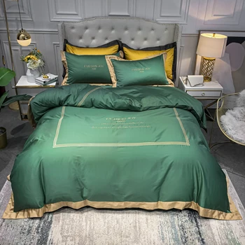 2022 Patru piese de lenjerie de pat de bumbac simplu dublu de uz casnic lenjerie de pat quilt capac verde brodate cu aur despicare design lenjerie de pat