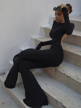 Negru Elastic Bodycon Combinezoni Femei Sexy Backless O De Gât Subțire Tinutele Y2k Streetwear Active Casual Lucra Salopete Body