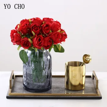 YO CHO Flori Artificiale 12 Capete de Trandafiri de Mătase Flori False de Mireasa Buchete de Mireasa Roz Roșu de Partid Garden Home Decor Flori