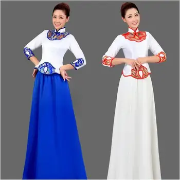 (0194) albastru/alb portelan muzica folk corul rochie de costume clasice Chineze vânt îmbrăcăminte guzheng flaut Ceai de performanță