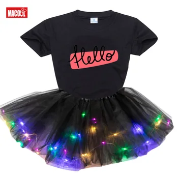 Moda de Lumină LED-Rochie Tutu+t Shirt 2 Buc Set de Vară 2020 Fata de Tricouri Curcubeu Rochie Tutu Tricou Copii Copilul Copil Drăguț Rochie