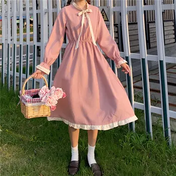 Japoneze Lolita Moda Arc Dantelă-up Roz Rochie de Epocă Talie Mare cu Maneca Lunga-Lolita Rochie Femei Toamna Fairy Dress