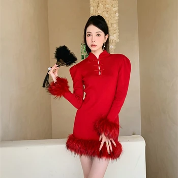 Fata Fierbinte Roșu Tricotate Rochie Mini Sexy Toamna Iarna Femei Chic Îmbinare Blana Slim Casual Vintage Stil Chinezesc Rochii Pulover 1142