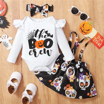 3 Buc Fată Nou-Născut Fuste Scurte Costume De Halloween Maneca Lunga Scrisoare Tipărite Romper + Printuri De Craniu Bretele Fusta + Bandă De Susținere