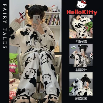 Sanrio Kawaii Hello Kitty Vaca Pijamale Desene Animate Anime Papusa Gros De Iarna Cald Confortabil Cămașă De Noapte De Flanelă/Poliester De Pluș Cadou