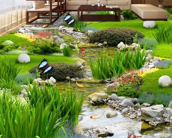 BEIBEHANG Grădină, iarbă de apă crap covoare de podea 3D pictura dormitor baie autoadezive podea pasta 3d parchet